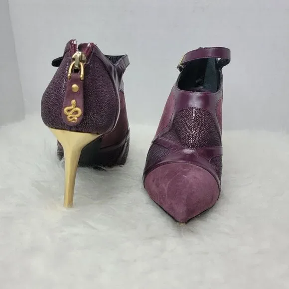 Roberto Cavalli Women's Stingray Purple Leather Bootie Heel Shoes Size 6.5 - Picture 6 of 11